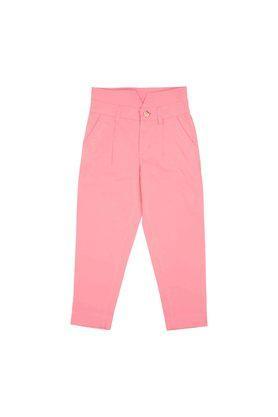 solid cotton regular fit girls trousers - pink