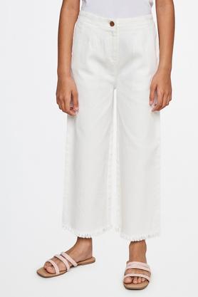 solid cotton regular fit girls trousers - white