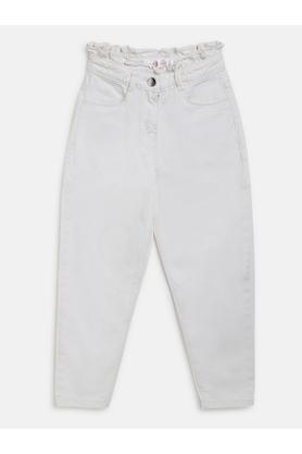 solid cotton regular fit girls trousers - white