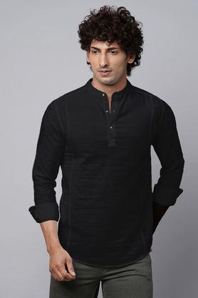 solid cotton regular fit men's casual kurta - black