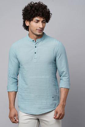 solid cotton regular fit men's casual kurta - blue