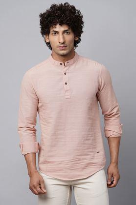 solid cotton regular fit men's casual kurta - peach