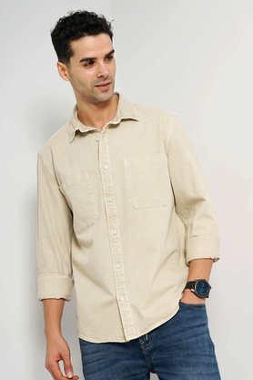 solid cotton regular fit men's casual shirt - natural