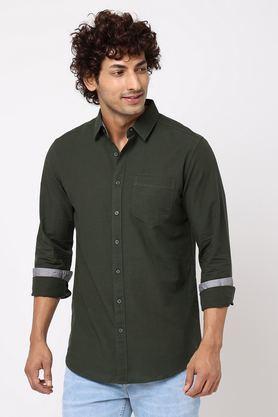 solid cotton regular fit men's casual shirt - olive