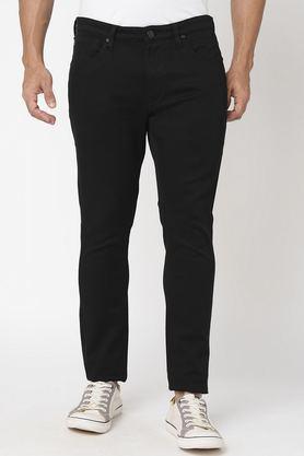 solid cotton regular fit men's casual trousers - black