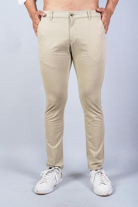 solid cotton regular fit men's casual trousers - natural