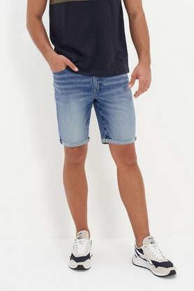 solid cotton regular fit men's shorts - blue