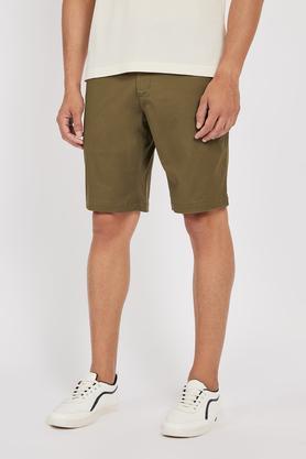 solid cotton regular fit men's shorts - green