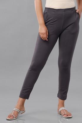 solid cotton regular fit women's casual wear pants - dark grey