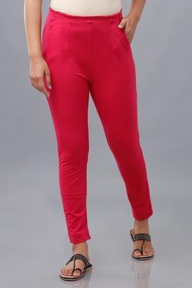 solid cotton regular fit women's casual wear pants - fuchsia