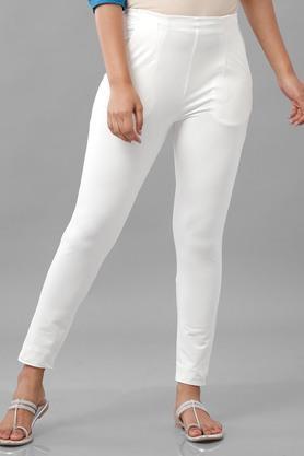 solid cotton regular fit women's casual wear pants - off white