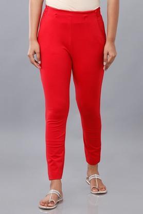 solid cotton regular fit women's casual wear pants - red