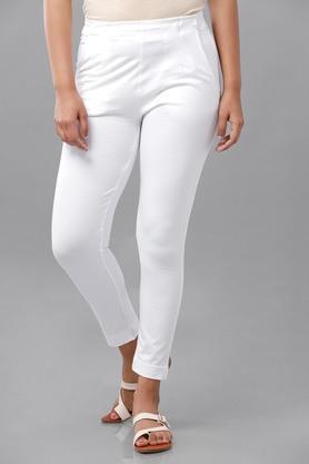 solid cotton regular fit women's casual wear pants - white