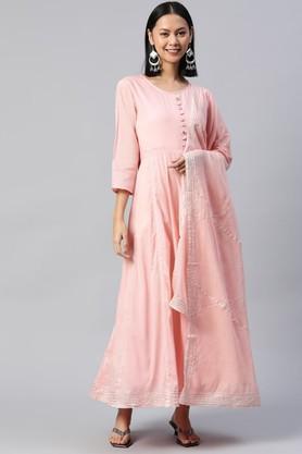 solid cotton regular fit women's festive gown with dupatta - pink