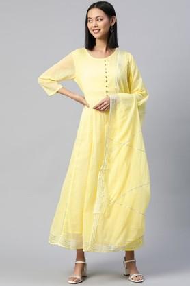 solid cotton regular fit women's festive gown with dupatta - yellow