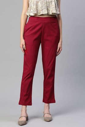 solid cotton regular fit women's festive pants - maroon