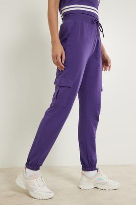 solid cotton regular fit women's joggers - purple