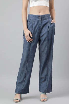 solid cotton regular fit women's pant - blue