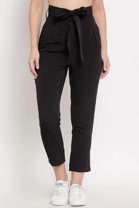 solid cotton regular fit women's pants - black