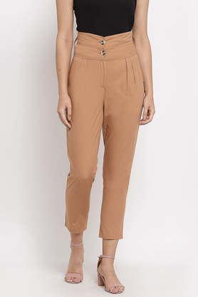 solid cotton regular fit women's pants - brown
