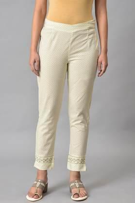 solid cotton regular fit women's pants - ecru