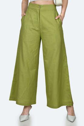 solid cotton regular fit women's pants - green