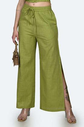 solid cotton regular fit women's pants - green