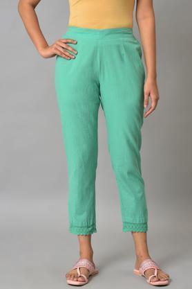 solid cotton regular fit women's pants - green