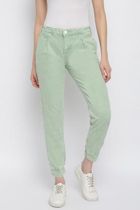 solid cotton regular fit women's pants - green