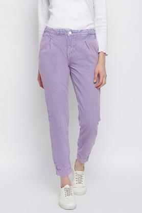 solid cotton regular fit women's pants - purple