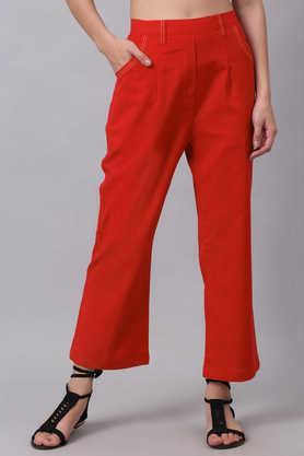 solid cotton regular fit women's pants - red