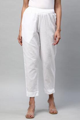 solid cotton regular fit women's pants - white