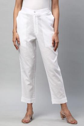 solid cotton regular fit women's pants - white