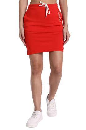 solid cotton regular fit women's pencil skirt - red