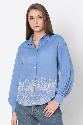 solid cotton regular fit women's shirt - blue