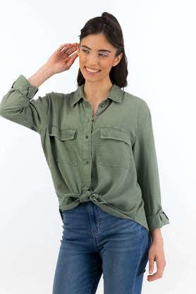 solid cotton regular fit women's shirt - olive