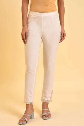 solid cotton regular fit women's slim pants - ecru