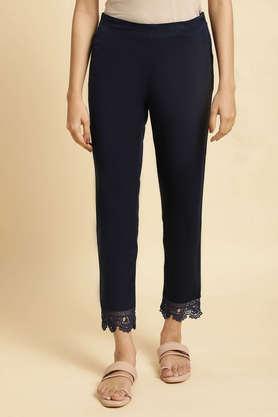 solid cotton regular fit women's slim pants - navy