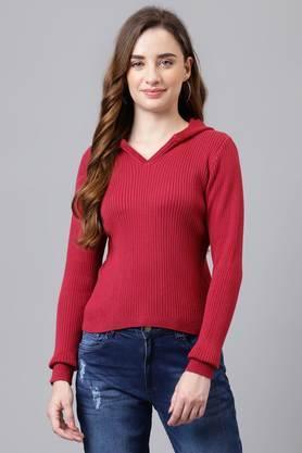 solid cotton regular fit women's sweater - rose