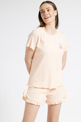 solid cotton regular fit women's top & shorts set - coral