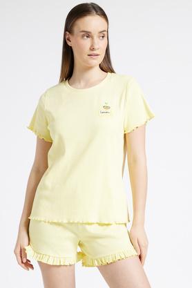 solid cotton regular fit women's top & shorts set - yellow