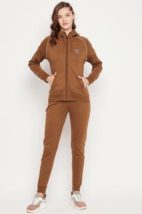 solid cotton regular fit women's tracksuit - chocolate