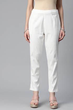 solid cotton regular fit women's trousers - white