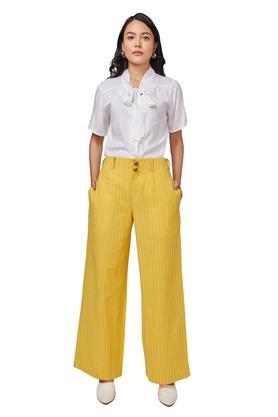 solid cotton regular fit womens pants - mustard