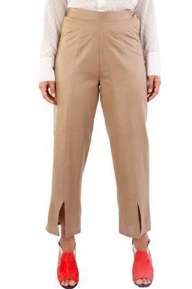 solid cotton regular fit womens pants - natural