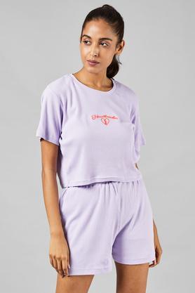 solid cotton regular neck womens top and shorts set - lilac