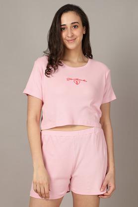 solid cotton regular neck womens top and shorts set - pink
