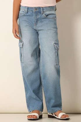 solid cotton relaxed fit girls jeans - light blue