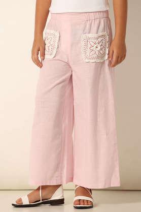 solid cotton relaxed fit girls trousers - pink