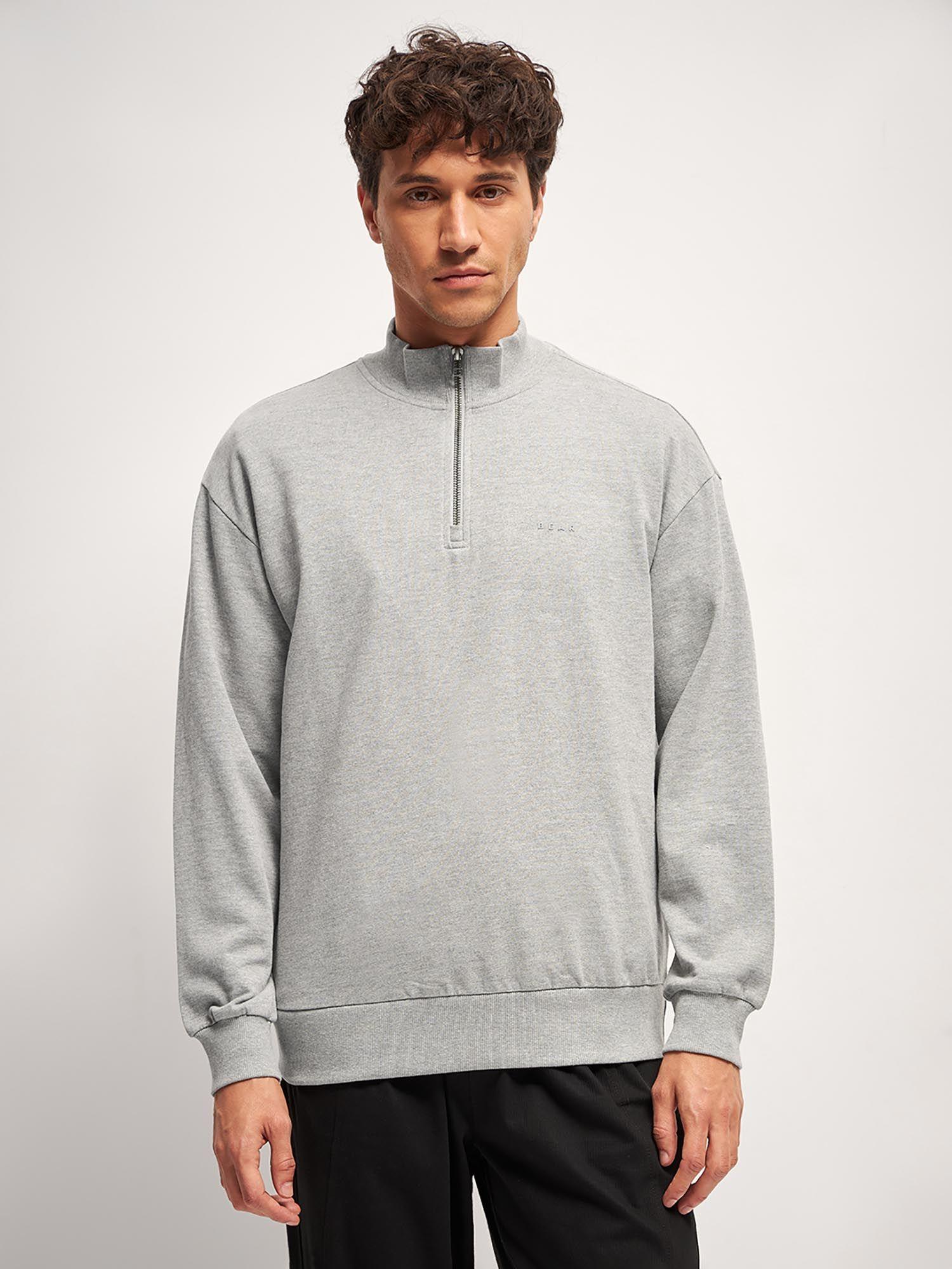 solid cotton relaxed fit high neck grey sweatshirt